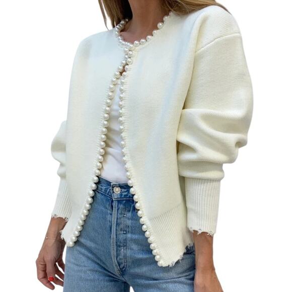 Cream Pearl Trim Knit Cardigan Sweater – Commense Size XL - Picture 1 of 7